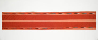 Japanese ceremonial silk table runner with Nagoya mosaic and ikat borders in terracotta and saffron — Renaras atelier