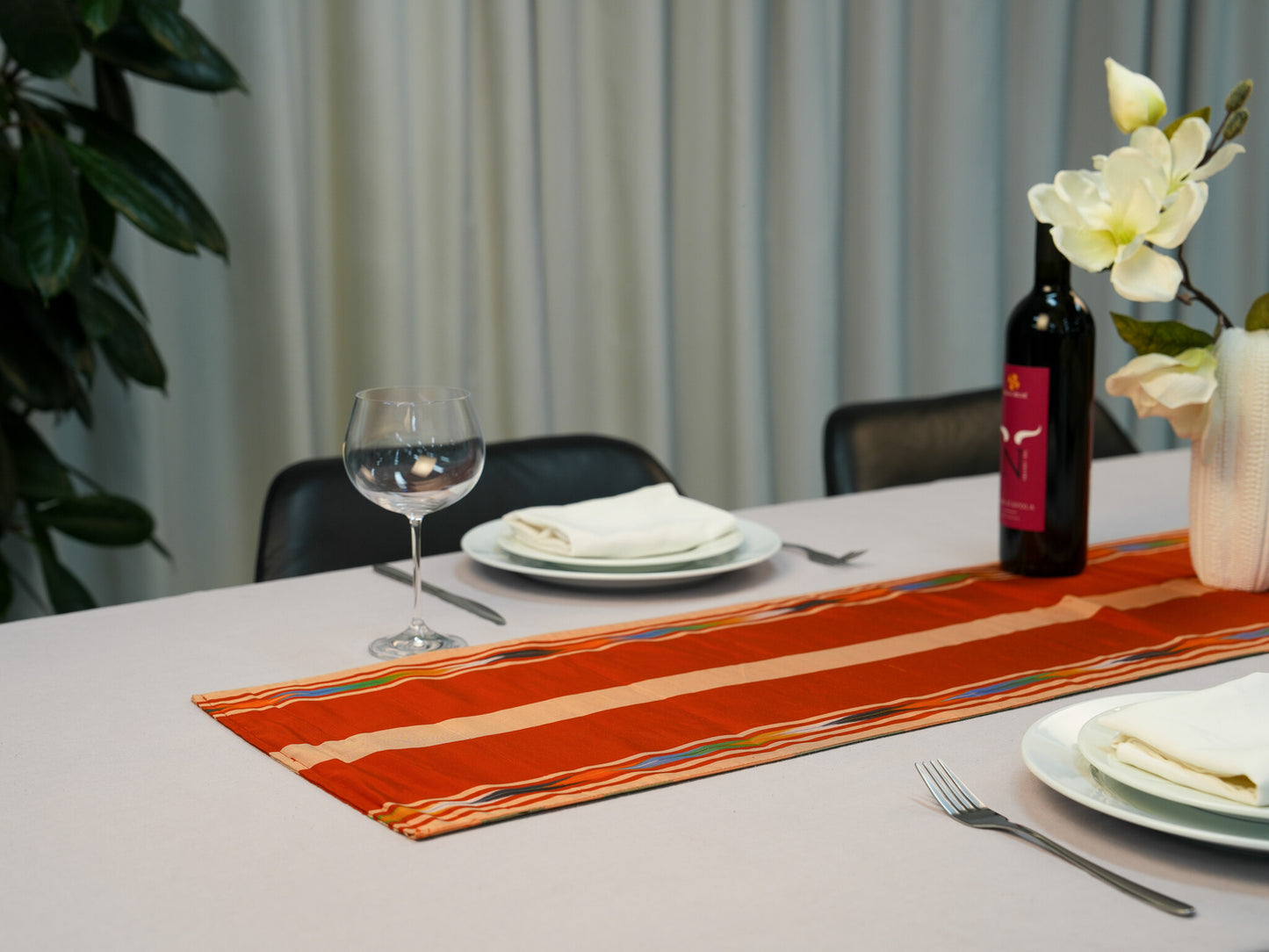 Japanese ceremonial silk table runner with Nagoya mosaic and ikat borders in terracotta and saffron — Renaras atelier