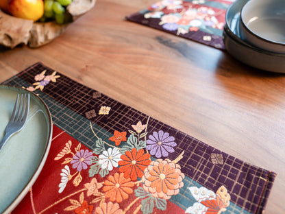 Japanese ceremonial silk table placemat with kiku-chō chrysanthemum and butterfly in terracotta and gold — Renaras atelier