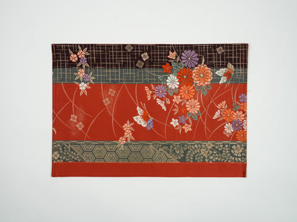 Japanese ceremonial silk table placemat with kiku-chō chrysanthemum and butterfly in terracotta and gold — Renaras atelier