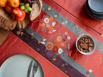 Japanese ceremonial silk table placemat with kiku-chō chrysanthemum and butterfly in terracotta and gold — Renaras atelier