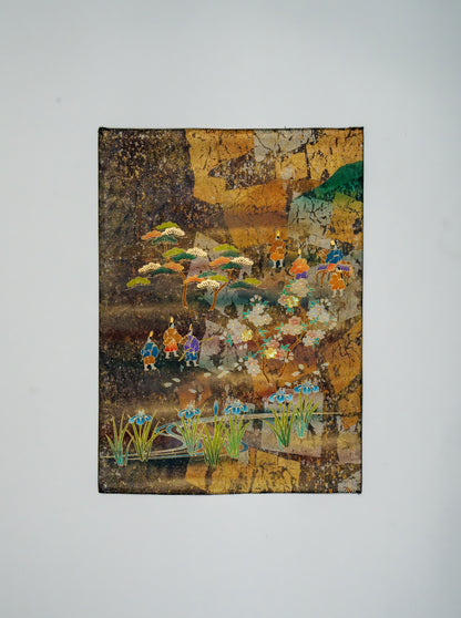 Japanese ceremonial silk wall tapestry with Heian grand hunt in brown and gold — Renaras atelier
