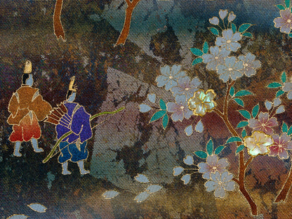 Japanese ceremonial silk wall tapestry with Heian grand hunt in brown and gold — Renaras atelier