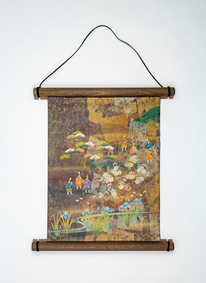 Japanese ceremonial silk wall tapestry with Heian grand hunt in brown and gold — Renaras atelier