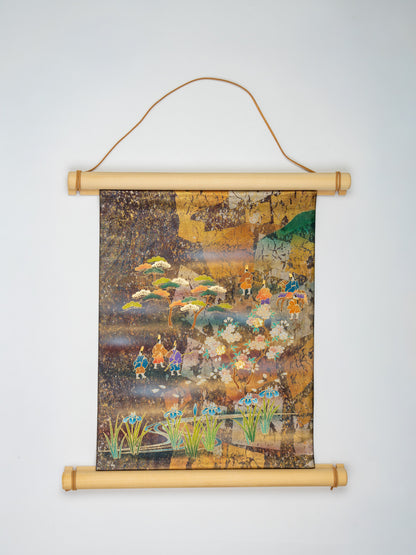 Japanese ceremonial silk wall tapestry with Heian grand hunt in brown and gold — Renaras atelier