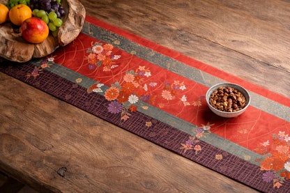 Japanese ceremonial silk table runner with kiku-chō chrysanthemum and butterfly in terracotta and gold — Renaras atelier