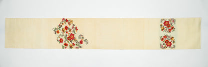 Japanese ceremonial silk table runner with embroidered wildflowers in champagne and crimson — Renaras atelier