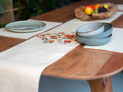 Japanese ceremonial silk table runner with embroidered wildflowers in champagne and crimson — Renaras atelier