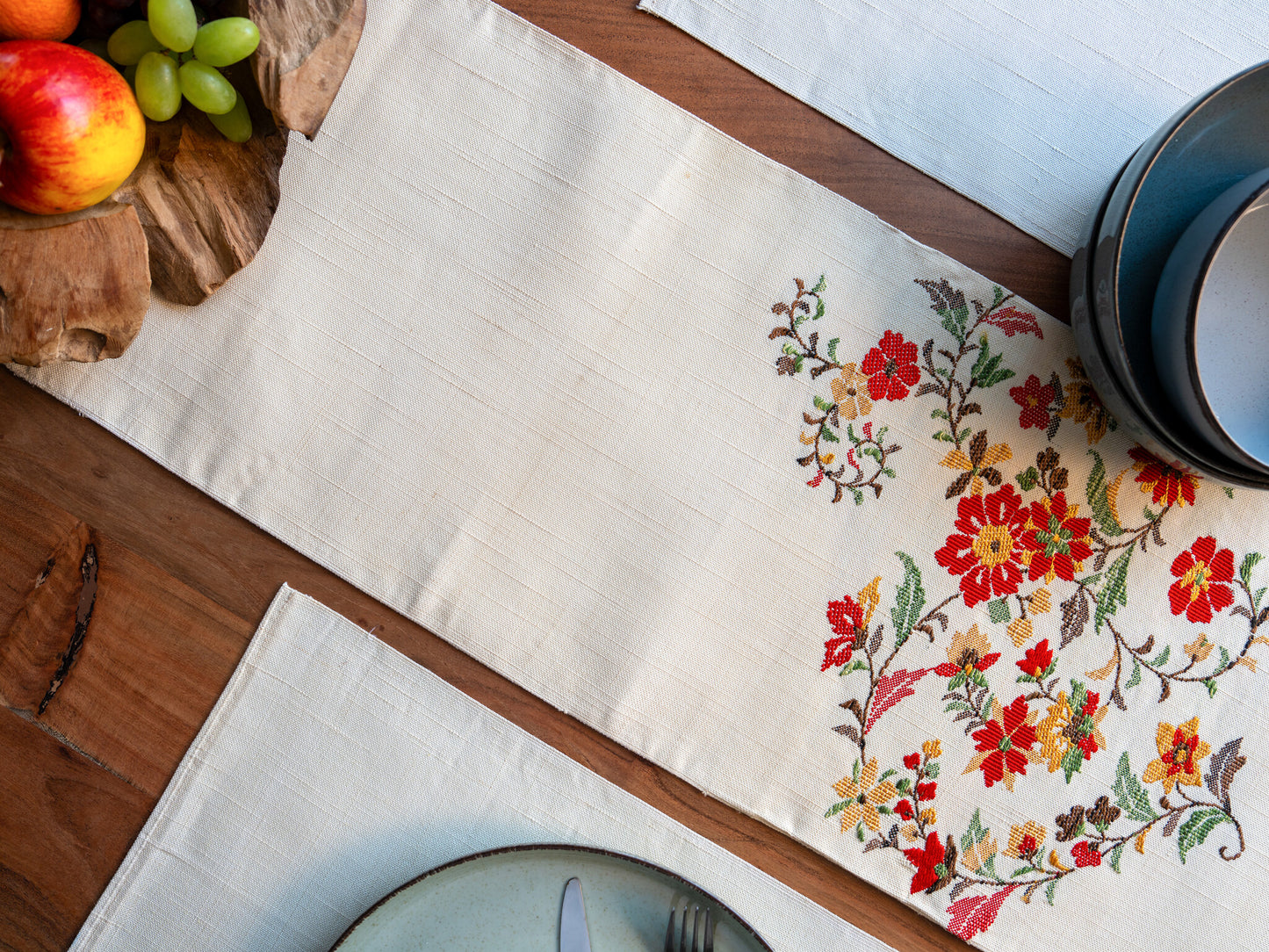 Japanese ceremonial silk table runner with embroidered wildflowers in champagne and crimson — Renaras atelier