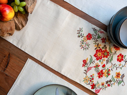Japanese ceremonial silk table runner with embroidered wildflowers in champagne and crimson — Renaras atelier