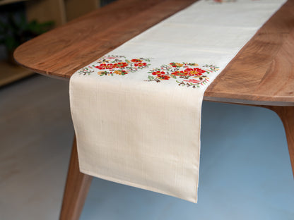 Japanese ceremonial silk table runner with embroidered wildflowers in champagne and crimson — Renaras atelier