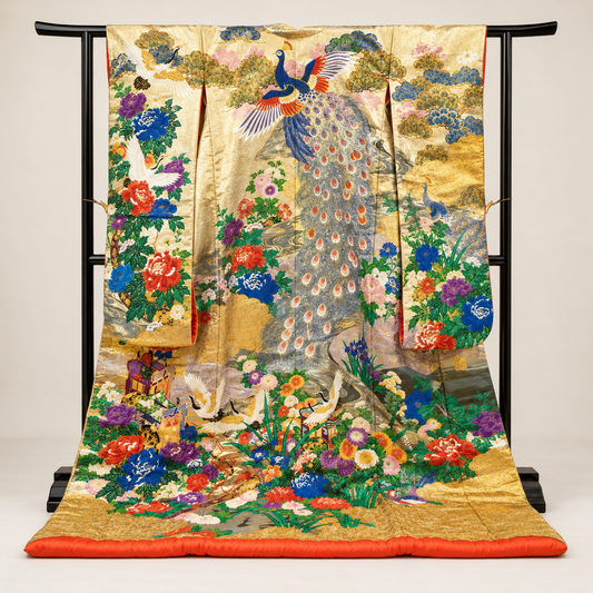 Le paon céleste — Uchikake japonais vintage, robe impériale de paon et grue en or Karaori