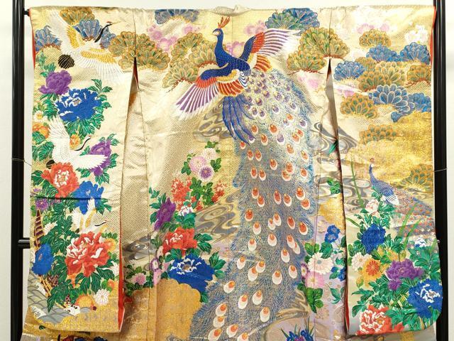 Japanese ceremonial silk Uchikake with peacock and crane in gold Karaori — Renaras atelier