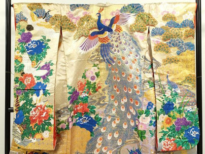 Japanese ceremonial silk Uchikake with peacock and crane in gold Karaori — Renaras atelier