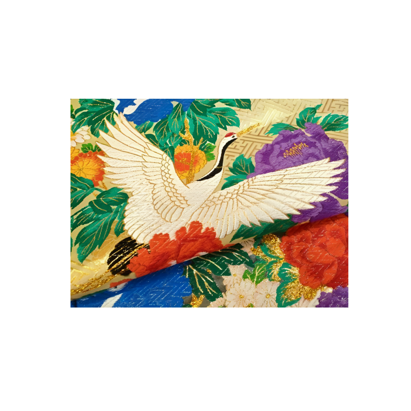 Japanese ceremonial silk Uchikake with peacock and crane in gold Karaori — Renaras atelier