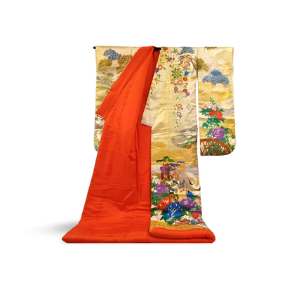 Japanese ceremonial silk Uchikake with peacock and crane in gold Karaori — Renaras atelier