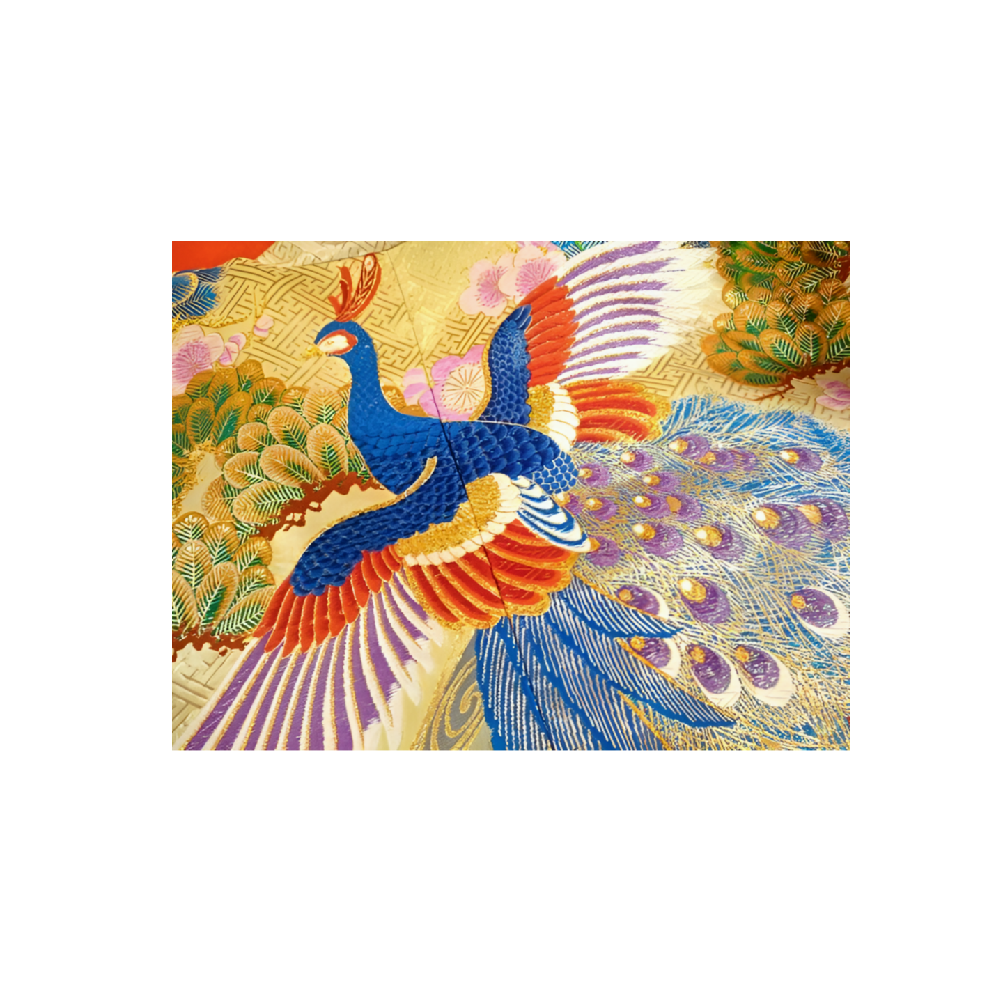 Japanese ceremonial silk Uchikake with peacock and crane in gold Karaori — Renaras atelier