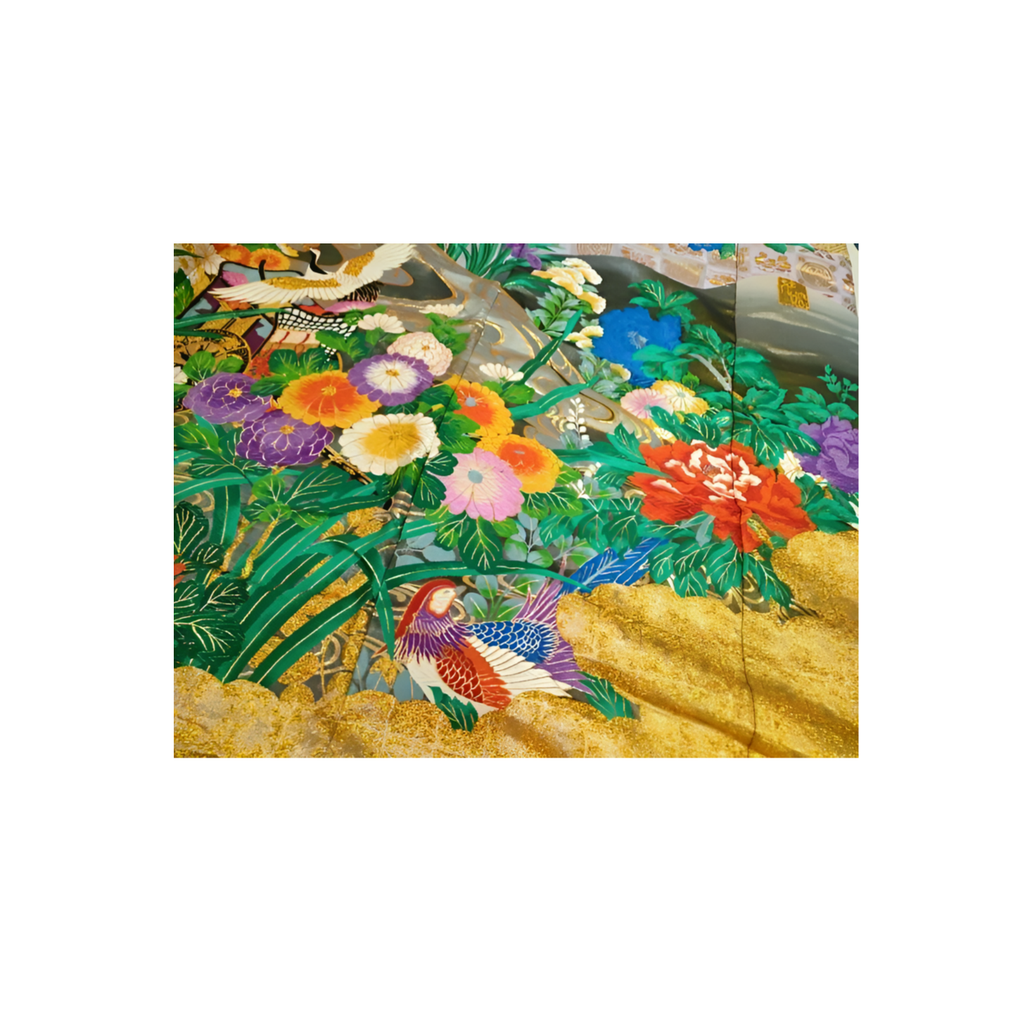 Japanese ceremonial silk Uchikake with peacock and crane in gold Karaori — Renaras atelier