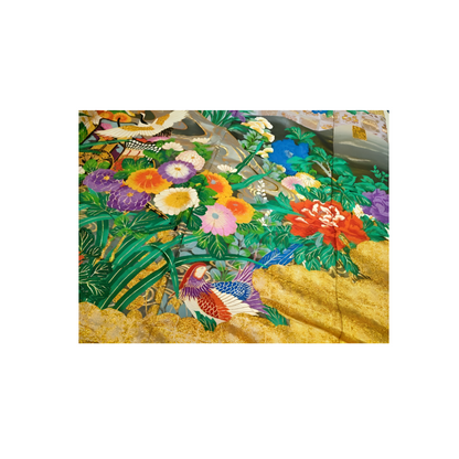 Japanese ceremonial silk Uchikake with peacock and crane in gold Karaori — Renaras atelier