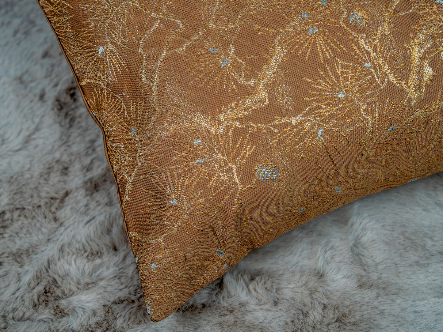 Renaras The Copper Gold Royal Kiku — Japanese Silk Lumbar Pillow, Copper Imperial Chrysanthemum Obi — Japanese silk pillow cover detail
