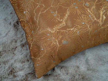 Japanese ceremonial silk lumbar pillow with imperial kiku chrysanthemum in copper and gold — Renaras atelier