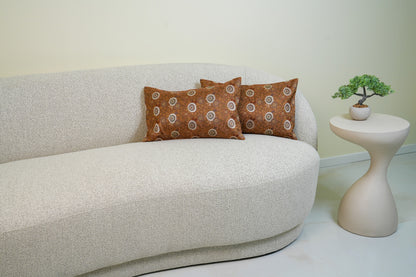 Japanese ceremonial silk lumbar pillow with kiku chrysanthemum in copper and pearl — Renaras atelier
