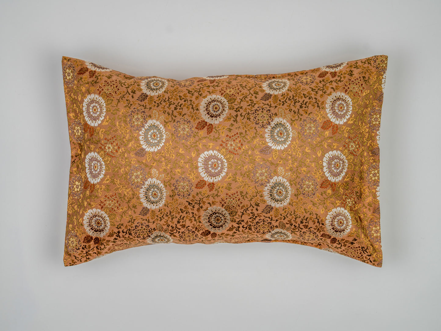 Japanese ceremonial silk lumbar pillow with kiku chrysanthemum in copper and pearl — Renaras atelier