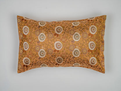 Japanese ceremonial silk lumbar pillow with kiku chrysanthemum in copper and pearl — Renaras atelier