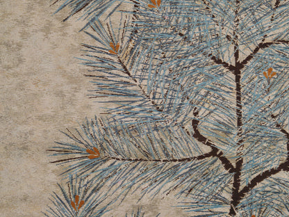 Japanese ceremonial silk wall tapestry with Matsu pine branch in cream and teal — Renaras atelier