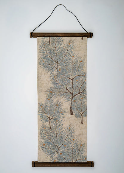 Japanese ceremonial silk wall tapestry with Matsu pine branch in cream and teal — Renaras atelier