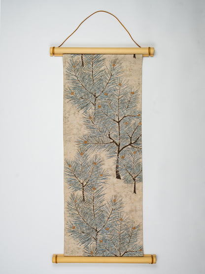 Japanese ceremonial silk wall tapestry with Matsu pine branch in cream and teal — Renaras atelier