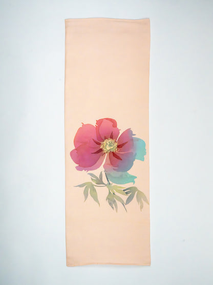 Japanese ceremonial silk wall tapestry with Botan peony in apricot and magenta — Renaras atelier