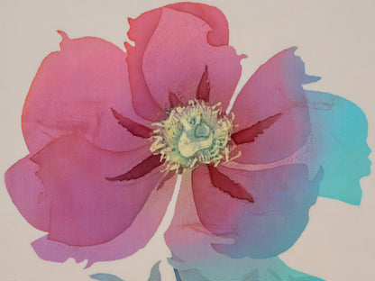 Japanese ceremonial silk wall tapestry with Botan peony in apricot and magenta — Renaras atelier