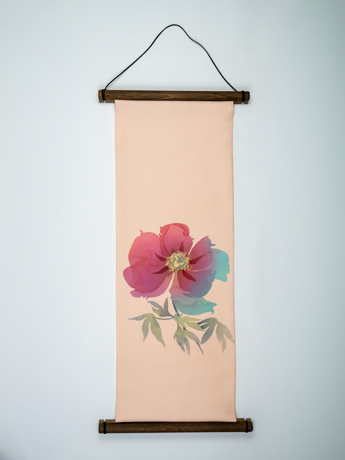Renaras The Anzu-Botan | Vintage Hand-Painted Japanese Silk Scroll, Botan Peony Yuzen Bokashi, Anzu-iro Apricot — wall hanging view 2