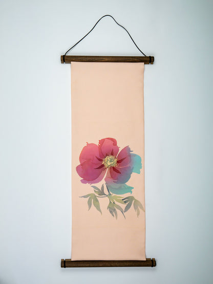 Japanese ceremonial silk wall tapestry with Botan peony in apricot and magenta — Renaras atelier
