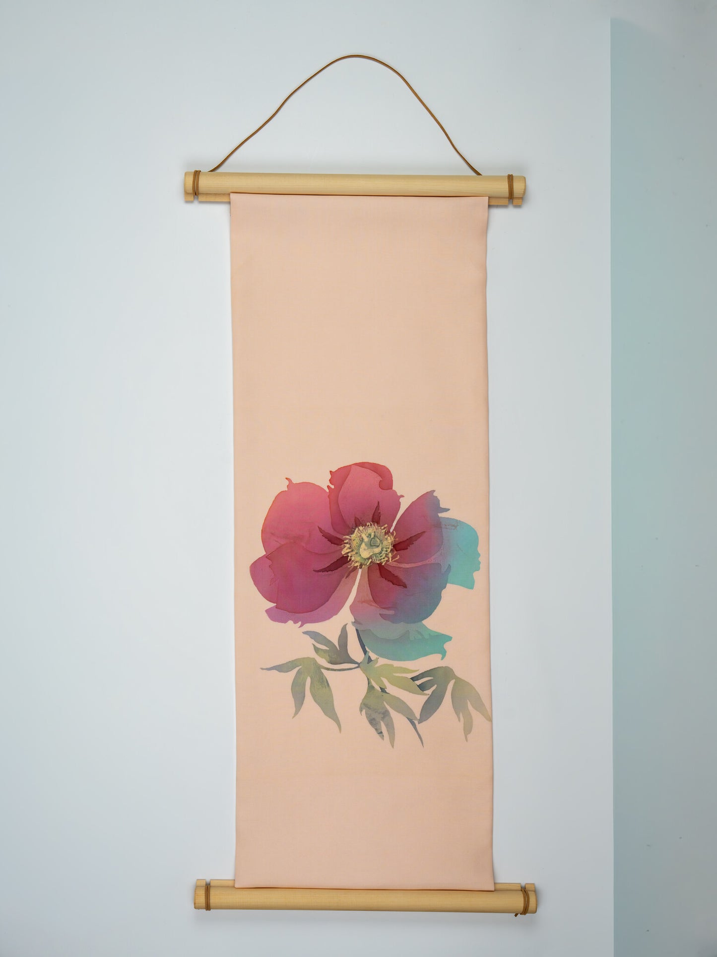 Renaras The Anzu-Botan | Vintage Hand-Painted Japanese Silk Scroll, Botan Peony Yuzen Bokashi, Anzu-iro Apricot — wall hanging view 3