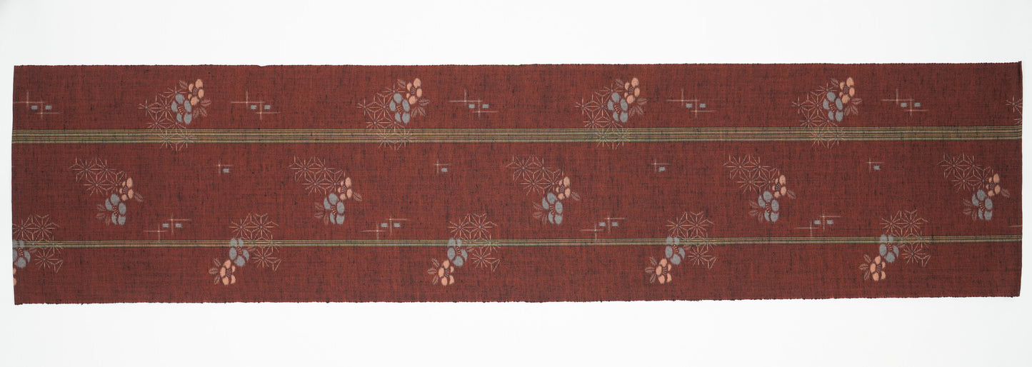 Japanese ceremonial silk table runner with ume plum and asanoha in rust red and slate — Renaras atelier