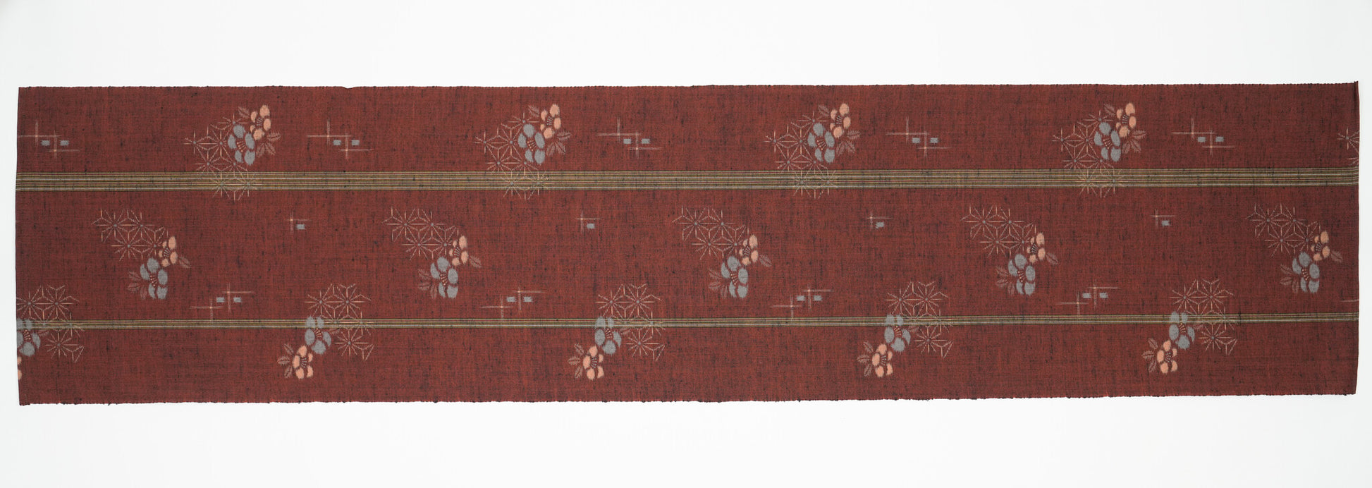 Japanese ceremonial silk table runner with ume plum and asanoha in rust red and slate — Renaras atelier