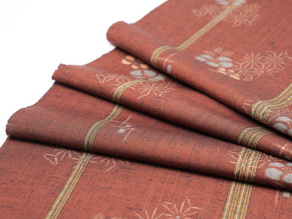 Japanese ceremonial silk table runner with ume plum and asanoha in rust red and slate — Renaras atelier