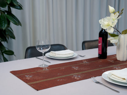 Japanese ceremonial silk table runner with ume plum and asanoha in rust red and slate — Renaras atelier
