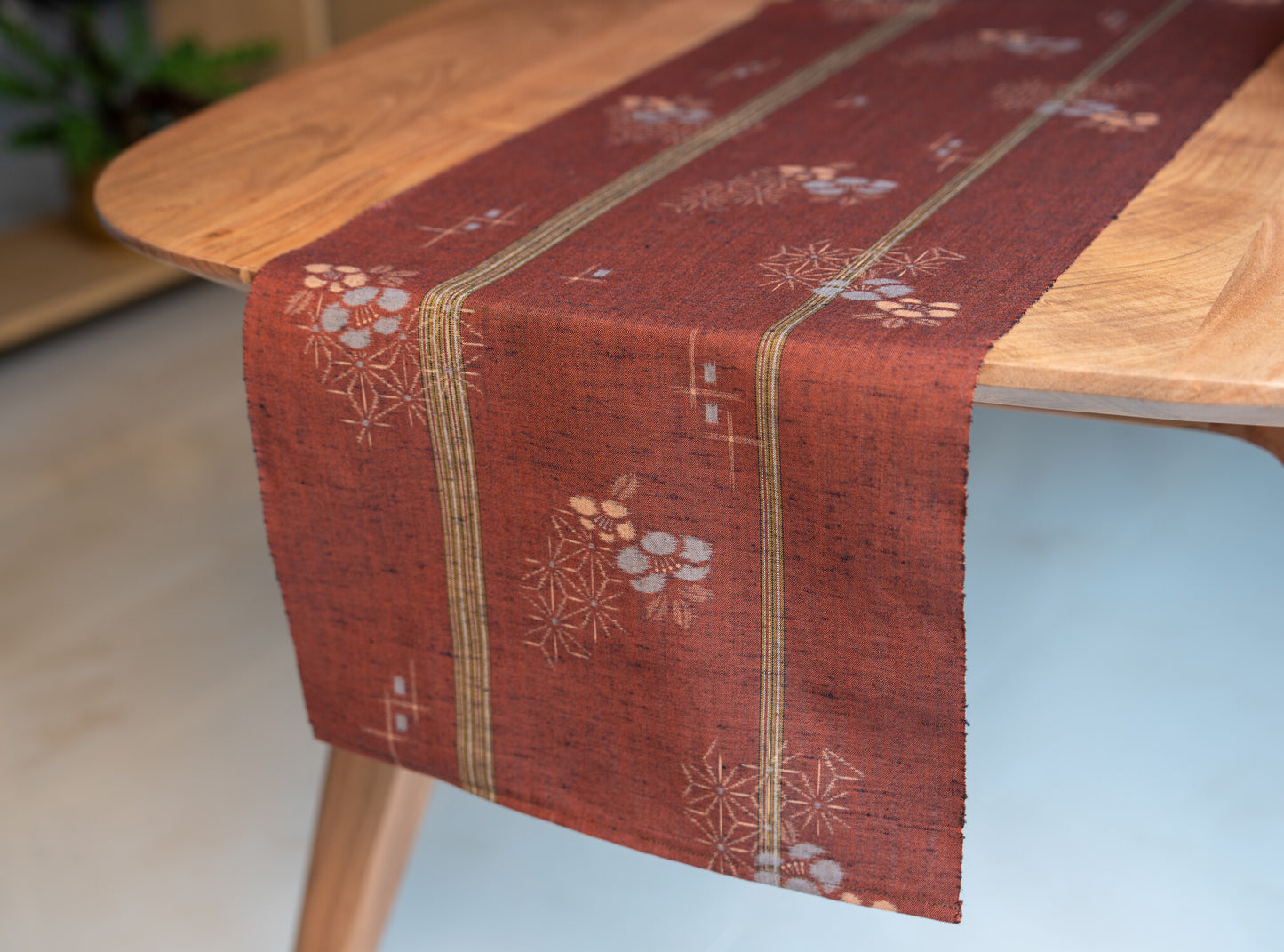 Japanese ceremonial silk table runner with ume plum and asanoha in rust red and slate — Renaras atelier