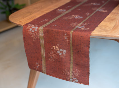 Japanese ceremonial silk table runner with ume plum and asanoha in rust red and slate — Renaras atelier
