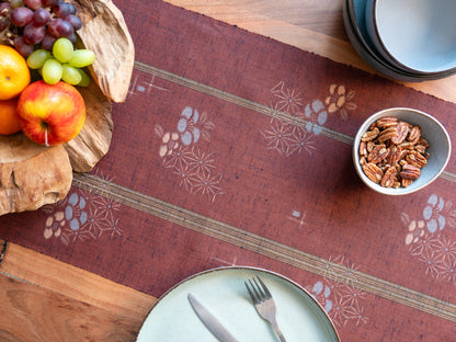 Japanese ceremonial silk table runner with ume plum and asanoha in rust red and slate — Renaras atelier