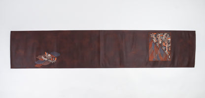 Japanese ceremonial silk table runner with seigaiha and matsu in deep plum — Renaras atelier