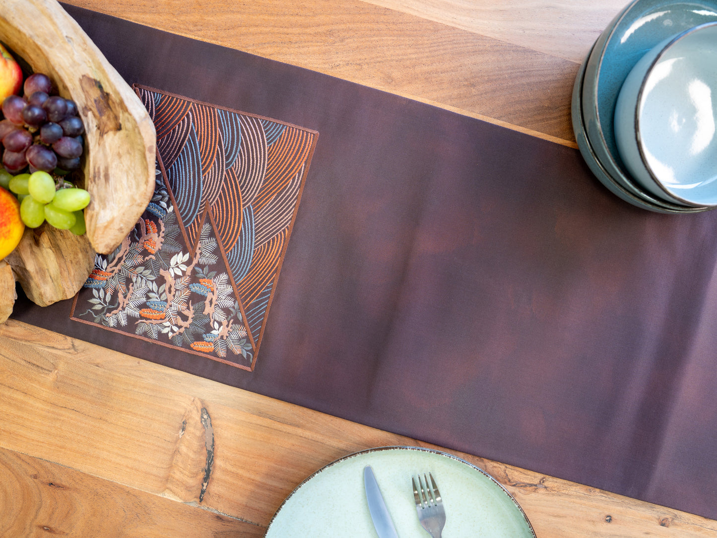Japanese ceremonial silk table runner with seigaiha and matsu in deep plum — Renaras atelier