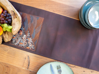 Japanese ceremonial silk table runner with seigaiha and matsu in deep plum — Renaras atelier