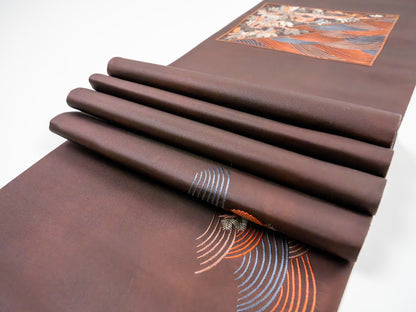 Japanese ceremonial silk table runner with seigaiha and matsu in deep plum — Renaras atelier