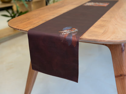 Japanese ceremonial silk table runner with seigaiha and matsu in deep plum — Renaras atelier