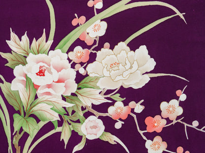 Japanese ceremonial silk wall tapestry with white peonies on imperial purple — Renaras atelier
