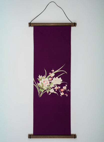 Japanese ceremonial silk wall tapestry with white peonies on imperial purple — Renaras atelier